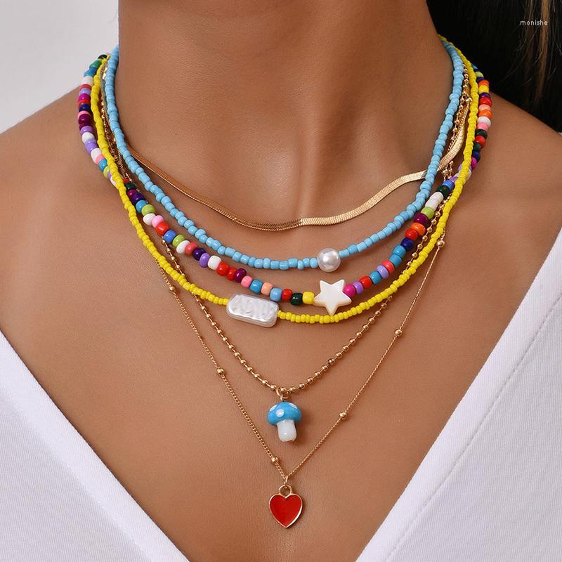 

Choker ALYXUY Multi-layer Mushroom Heart Pendant Seed Beads Strand Necklace Women String Beaded Short Pearl Jewelry Accessories
