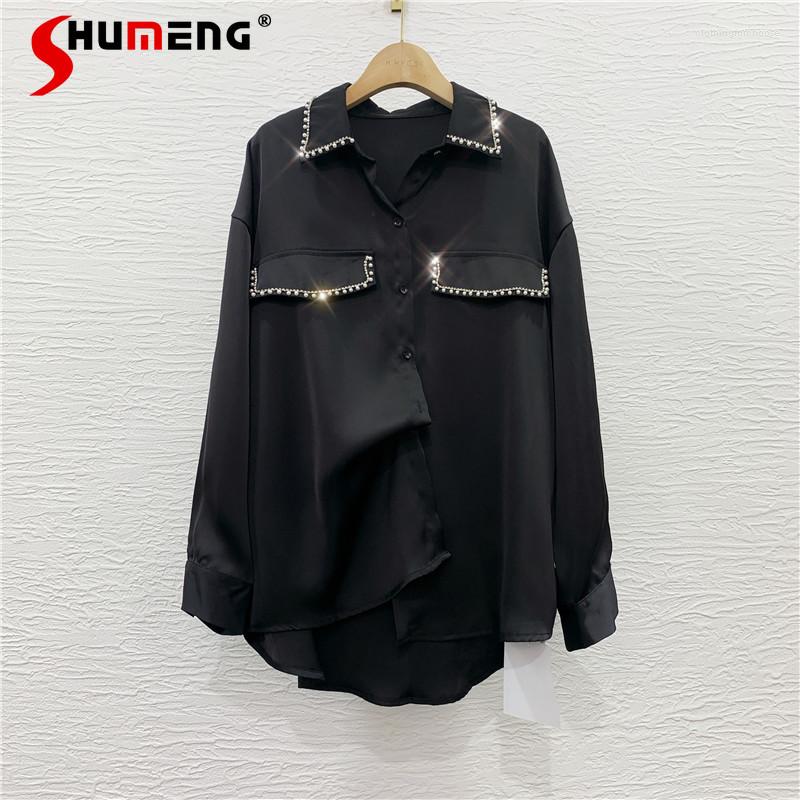 

Women's Blouses European Beads Acetate Satin Shirt Women 2022 Spring Fall Fashion Elegant Commute Loose Office Lady Simple Solid Top, White