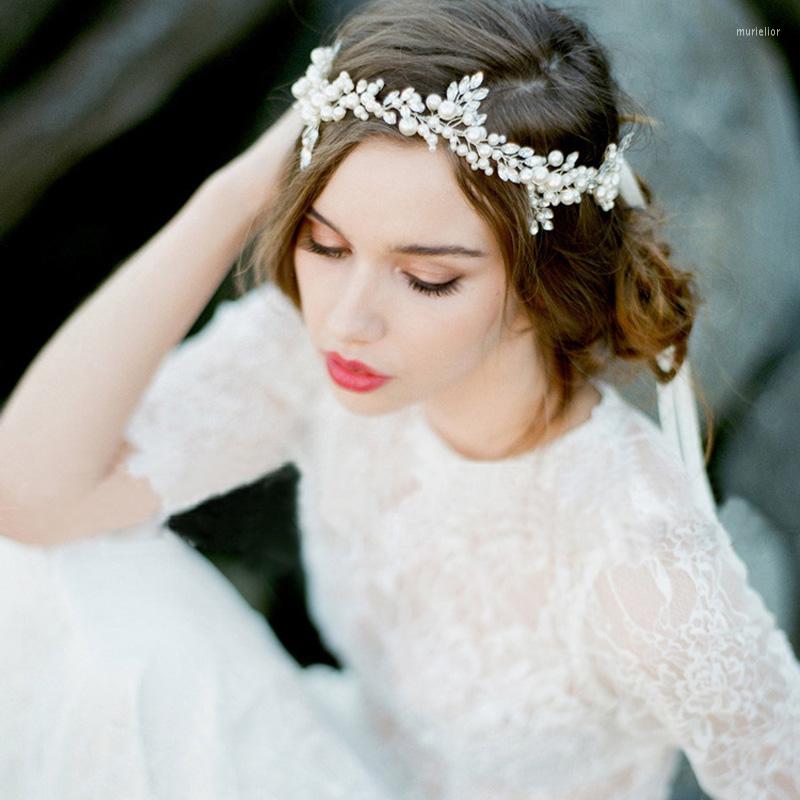 

Hair Clips Fashion Handmade Silver Color Pearl Headband Leaf Headpiece Bridal Crystal Tiara Wedding Accessories Women Jewelry