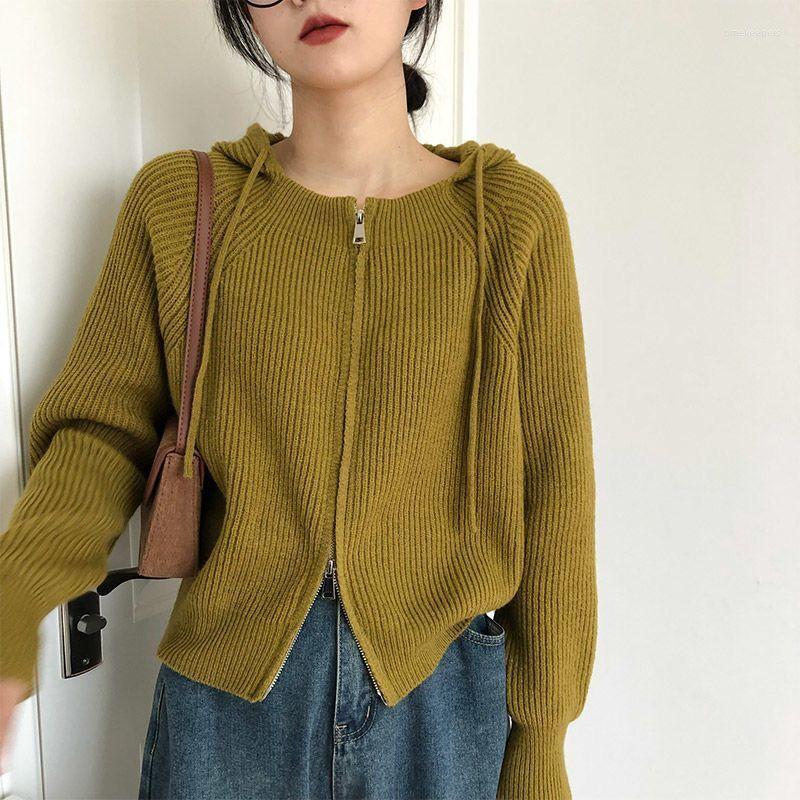 

Women' Knits Autumn Korean Fashion Cardigan Women Single-breasted Long Sleeve Top Drawstring Hooded Knitted Sweater Coat Crop, Army green