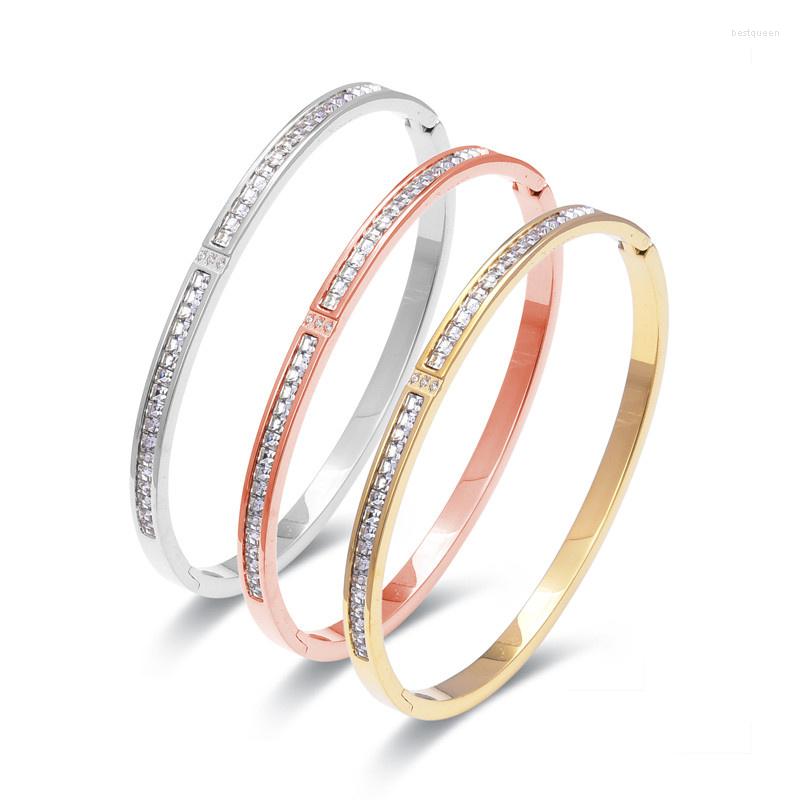 

Bangle FYSARA Fashion Jewelry Bracelets With Two Line Crystal Rhinestone Stainless Steel Opening For Women Accessories