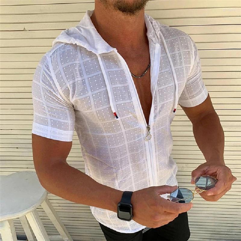

Men' T Shirts Fashion Short Sleeve Hoodie Zipper Shirt Men Casual Hawaiian Plaid Top Solid White V-neck Blouse Sexy Open Stitch Thin, Black