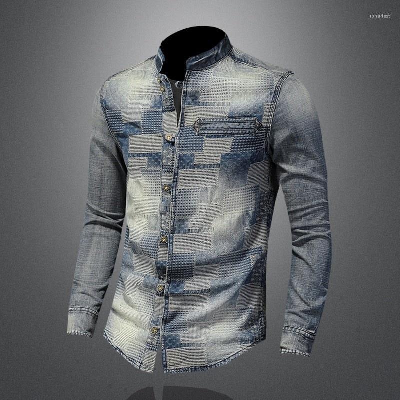 

Men's Casual Shirts 2023 Vintage Personality Patches Cotton Denim Autumn Mens Slim Fit Long Sleeve Jeans Tops Distressed Cowboy Shirt, Vintage color