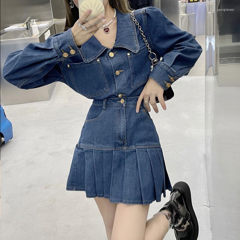 

Casual Dresses Bigyardshaneditionlapellongsleeveshirtfashionwomen'swearcowboysuitthepleatedskirts Dress, Blue