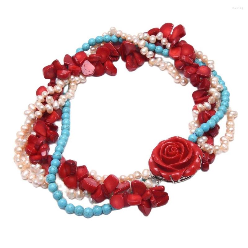 

Pendant Necklaces GuaiGuai Jewelry 4 Strands Natural Pink Pearl Red Coral Blue Turquoise Necklace 19'' Handmade For Women