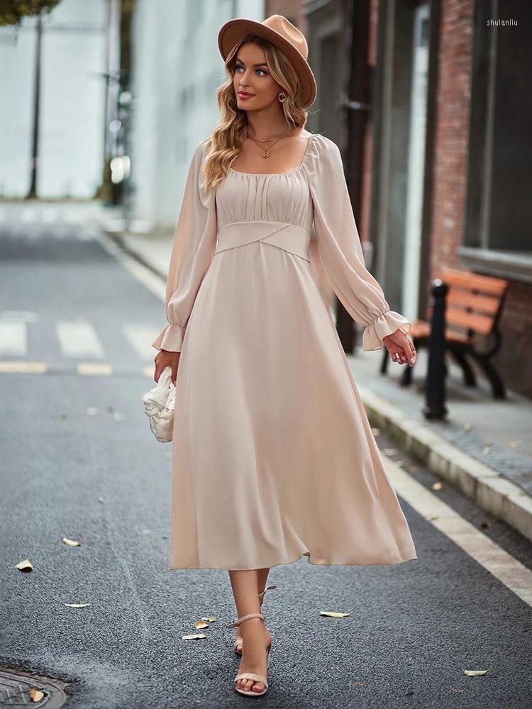 

Casual Dresses DGIRL Women Temperament Commuter Solid Color Long Skirt Waist Square Collar Large Sleeve Dress 2022 Winter, Apricot
