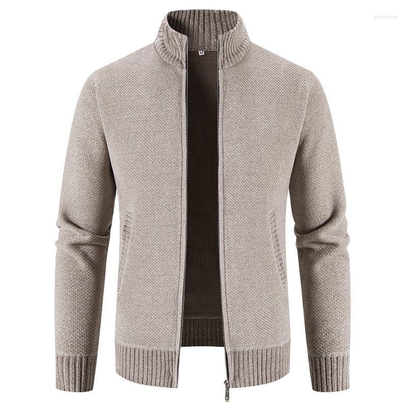 

Men's Sweaters Autumn Winter Men Fleece Cardigan Warm Knitted Sweatercoat Mens Solid Stand Collar Zipper Slim Knitwear Coat, Beige