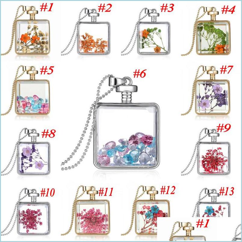 

Pendant Necklaces Dried Flowers Glass Drifting Bottle Necklace Pendant Vintage Long Chain Sweater Fine Jewelry For Women Drop Delive Dhfz7