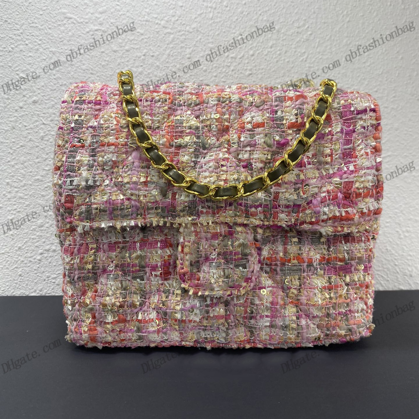 

22F/W Tweed Flap Crossbody Bags Check Embroidery With Pink Green Classic Goldtone Metal Hardware Chain Purse Shoulder Wallets French Designer Handbags 17x14.5x7.5CM, Box