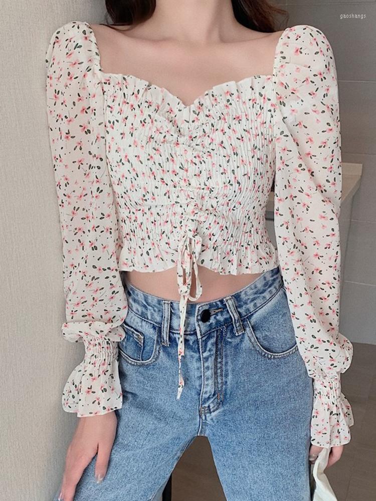 

Women's Blouses Shirts Women Long Sleeve Lace Up Hem Ruffles Stylish Retro Sexy Lady Chic Floral Womens Top Elegant Fashion Slim Ulzzang, Purple
