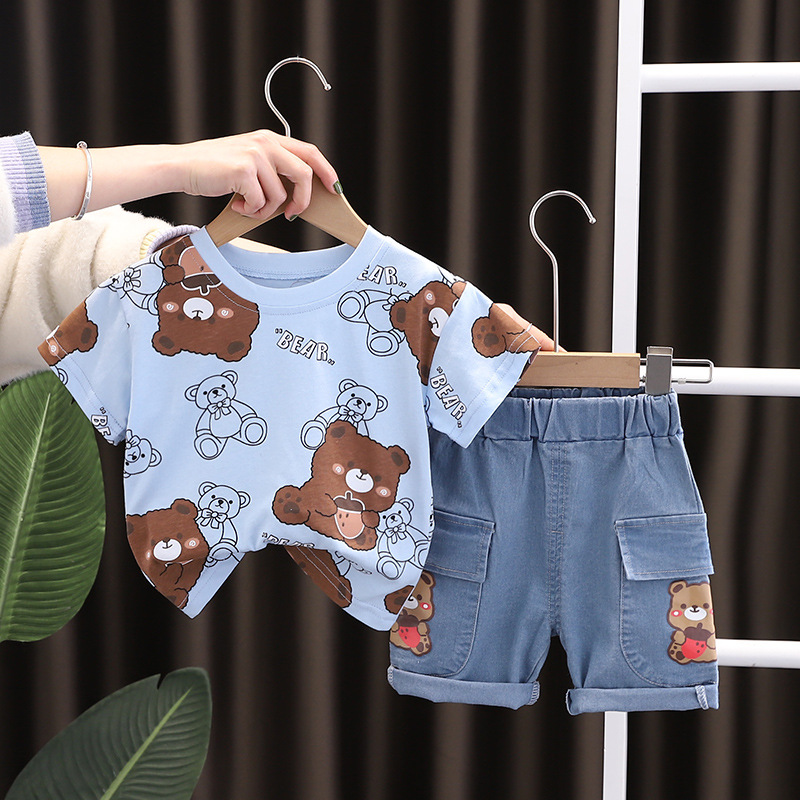 

Fashion Boys Clothes Sets Summer Short Sleeve Children Tracksuit Tops Pants 2Pcs Kids Bear Clothing Suit Cartoon Baby Outfits, Blue