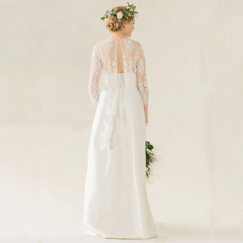 

Women's Tanks White Ivory Lace Wedding Jacket Crop Top Back Button 3/4 Sleeves Boho Bridal Wraps Custom Made Accessory, Purple