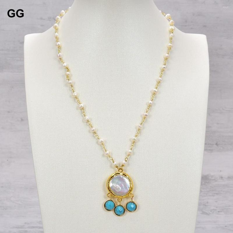 

Pendant Necklaces GuaiGuai Jewelry Natural Pearl Freshwater White Keshi Chain Necklace Coin Gold Color Blue Turquoises 18"