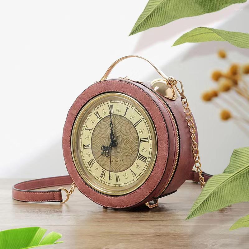

Evening Bags 2022Fashion Chain Clock Shape Leather Bag Circular Ladies Handbag Purse Shoulder Crossbody Messenger, Black