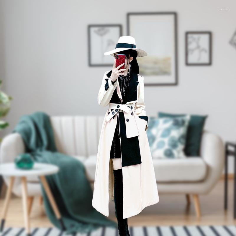 

Women' Trench Coats Women Color Block Coat Double Breasted Patchwork Outerwear Fall Winter Female Fashion Streetwear Overknee Windbreaker, Beige