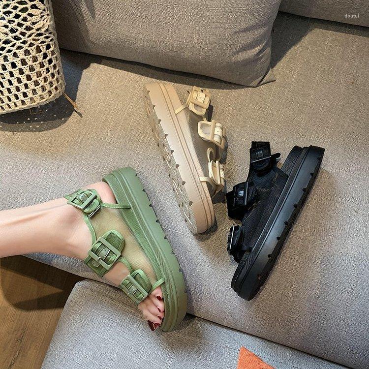 

Dress Shoes 2022 Korean Version Women's Summer Student Casual Platform Buckle Breathable Mesh Sandals, Beige