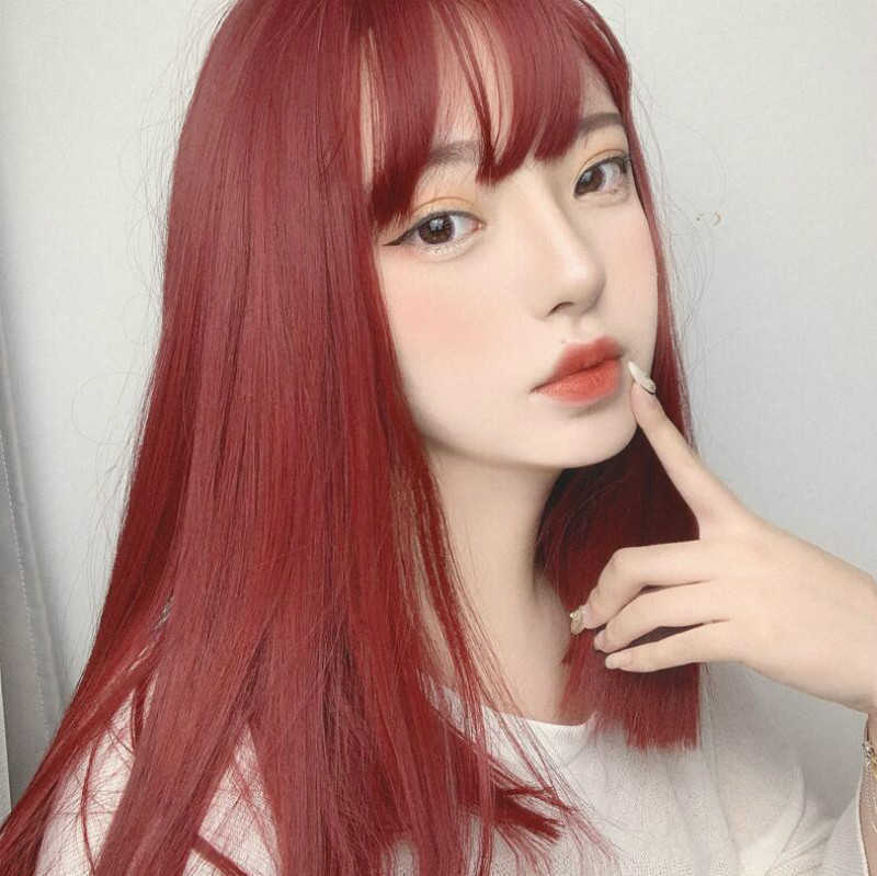 

Hair Lace Wigs Wig Female Clavicle Hair Medium Long Straight Net Air Bangs Repair Face Wine Red Chemical Fiber Headgear, Black