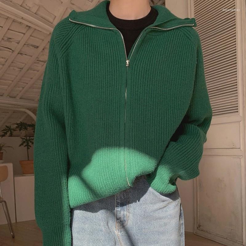 

Women's Knits Vintage Thicken Turtleneck Women Cardigans Tops 2022 Autumn Winter Loose Zippers Casual Female Knitted Sweaters, Green