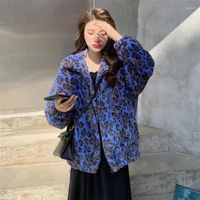 

Women' Fur Retro Hong Kong Style Leopard-print Lamb Plush Coat Women' Short Autumn And Winter Korean Version Loose Thick, Blue