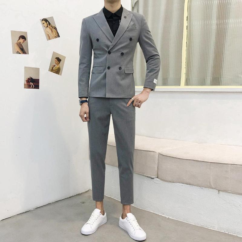 

Men' Suits 2022 Men Spring Fashion Casual Blazer Men' Formal Double-breasted Business Suit Groom Wedding Dress Mens 2 Piece Set W459, Light grey