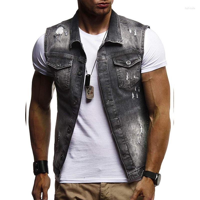 

Men's Vests Sleeveless Jacket Men Fashion Men's Vest Spring Summer Autumn Hole Denim Male, Dark blue