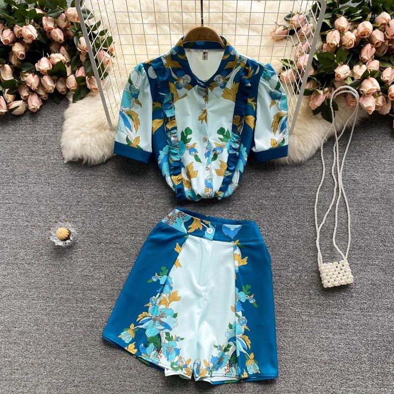 

Women' Tracksuits TSXT Female Temperament Auricular-edge Lapel Single Breasted Printed Short Sleeve Shirt Button Shorts 2 Pieces Set, 6660794 black