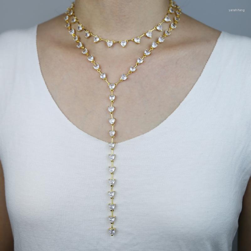 

Chains Iced Out Bling 5A Cubic Zirconia CZ Heart Shaped Tennis Chain Double Layer Choker Y Lariat Necklace For Women