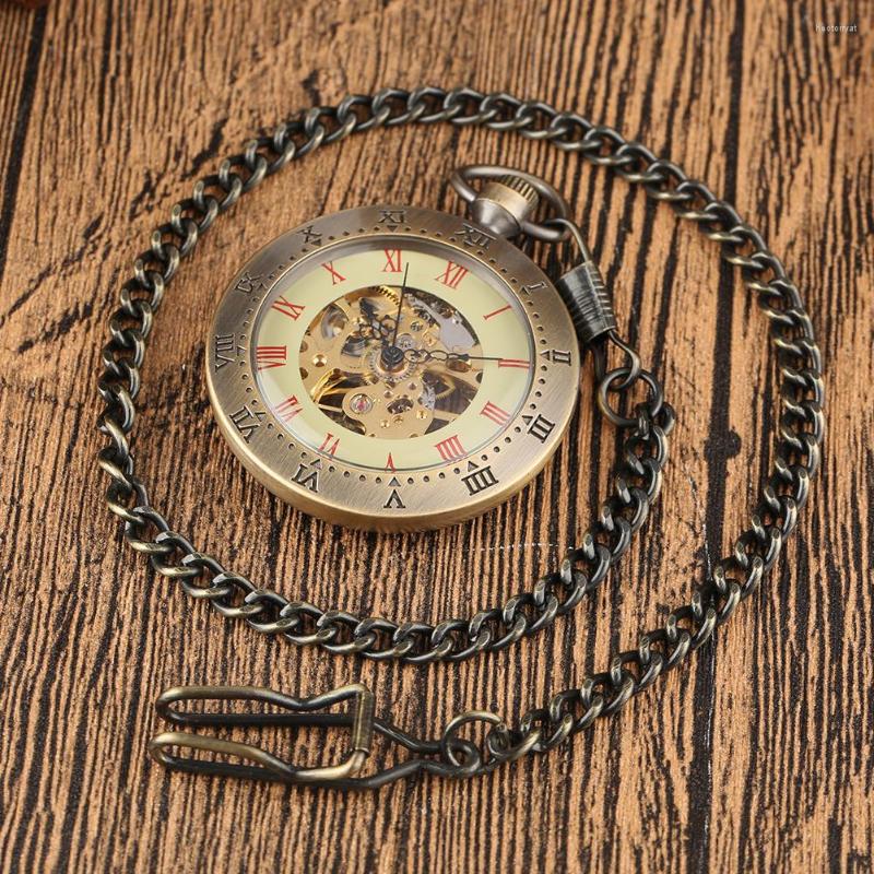 

Pocket Watches Vintage Bronze Open Face Pendant Mechanical Hand Winding Watch Men Fob Chain Roman Numerals Display Luxury Manual Clock, With 30 cm chain