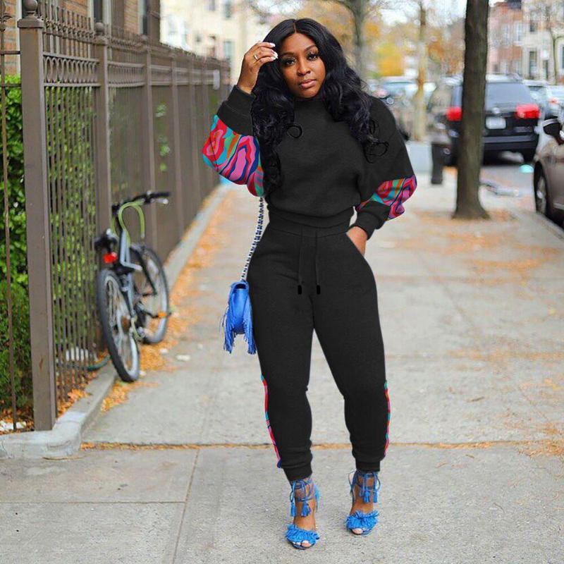 

Women's Two Piece Pants Plus Size Print Patchwork Set Fashion Autumn Long Sleeve Sweatshit Pencil Women Tracksuit Female Streetwear Suit, Black