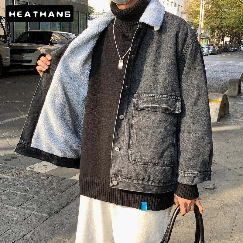 

Men' Jackets Winter Men' Vintage Lamb Wool Denim Jacket Warm Loose Plus Velvet Thick Outwear Casual Single-Breasted Men Jeans Tops, Black