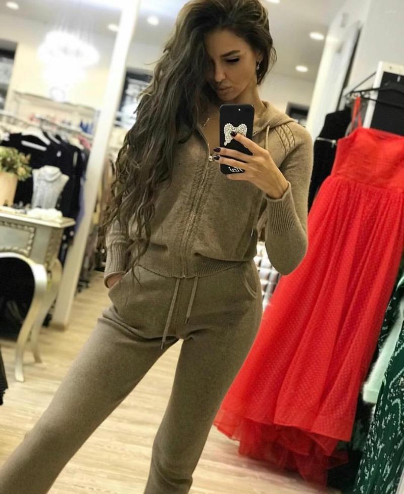 

Women' Two Piece Pants 2022 Drawstring Zipper Wool Full Winter Cashmere Two-piece Women' Casual Hooded Sweater Knit Trousers 2 Suit, Beige