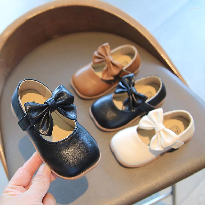 

Flat Shoes Spring Girls Big Bow Mary Janes Square Toe Kids Leather Children Dance Princess Shoe Black White Wedding, Brown