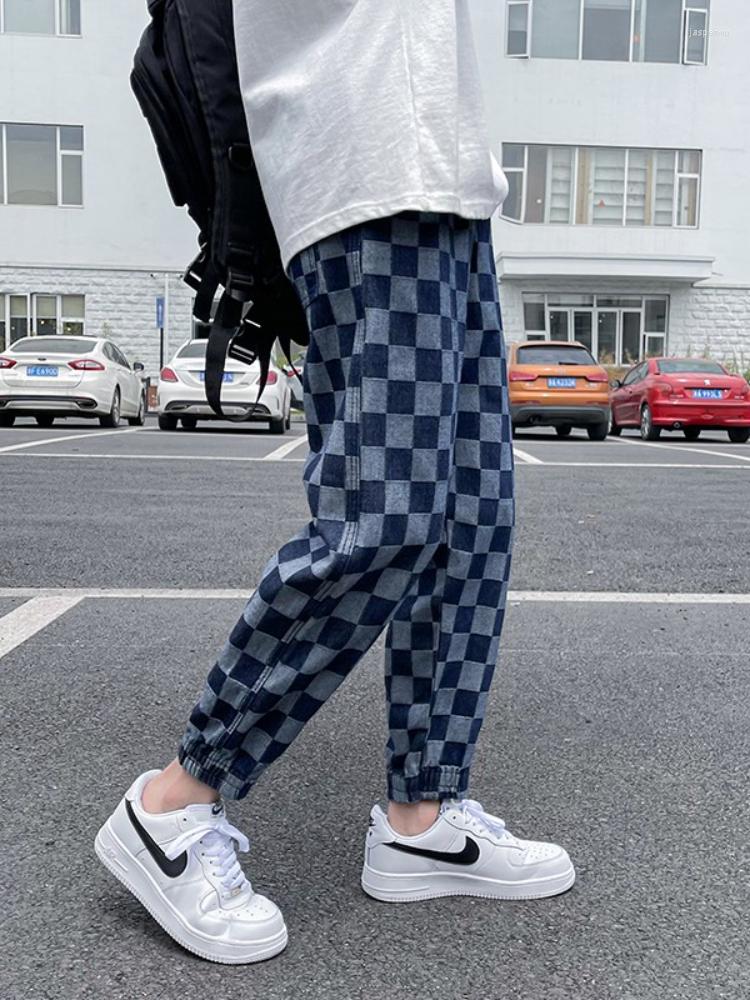 

Men' Pants Gmiixder Drawstring Plaid Casual Hong Kong Style Vintage Trousers Boys Trend Kpop Loose Straight High Street Sweatpants, Black