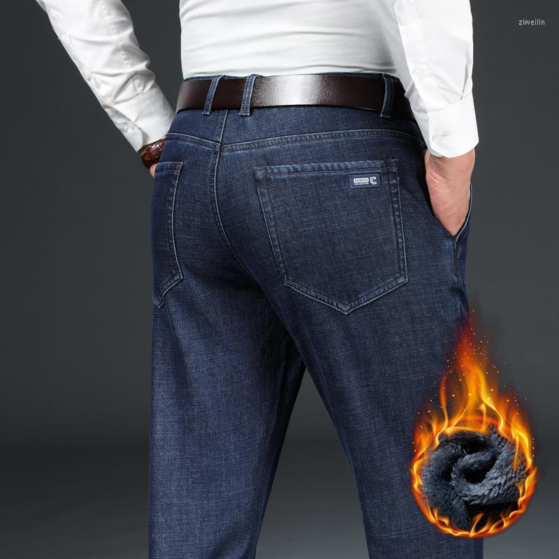 

Men's Jeans Classic Business Casual Men's Winter Blue Black Quality Warm Fleece Thick High Waist Fit Straight Pants Stretch Trousers, Black fleece