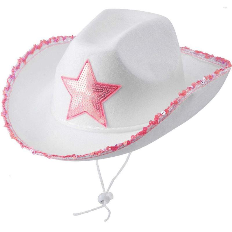 

Berets Pink Star CowGirl Hat White Hats With Sequin Trim Fringe Adjustable Neck Draw String Adult Size Cowboy For Costume