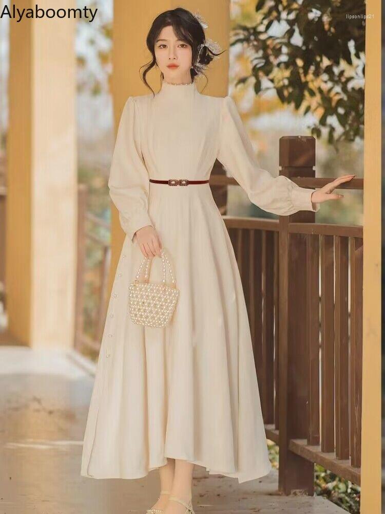 

Casual Dresses Autumn Winter Women Long Elegant Dress Stand Collar Black Apricot Red Patchwork Lace Vintage Split Beading Delicate