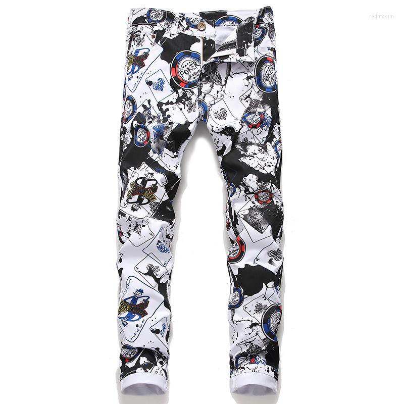 

Men's Jeans Digital Printing Casual Pants Men's Slim Korean Flower Fashion Nightclub White Stretch Graffiti Print, 1804