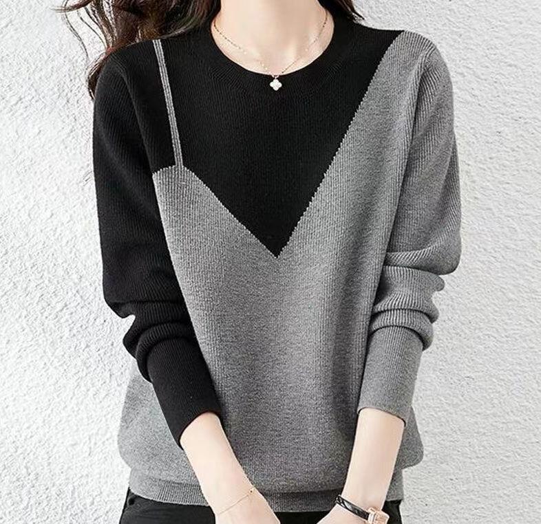 

Fashion O-Neck Knitted Spliced Korean Sweater Women's Clothing Autumn New Oversized Casual Pullovers All-match Commute Tops, Blue