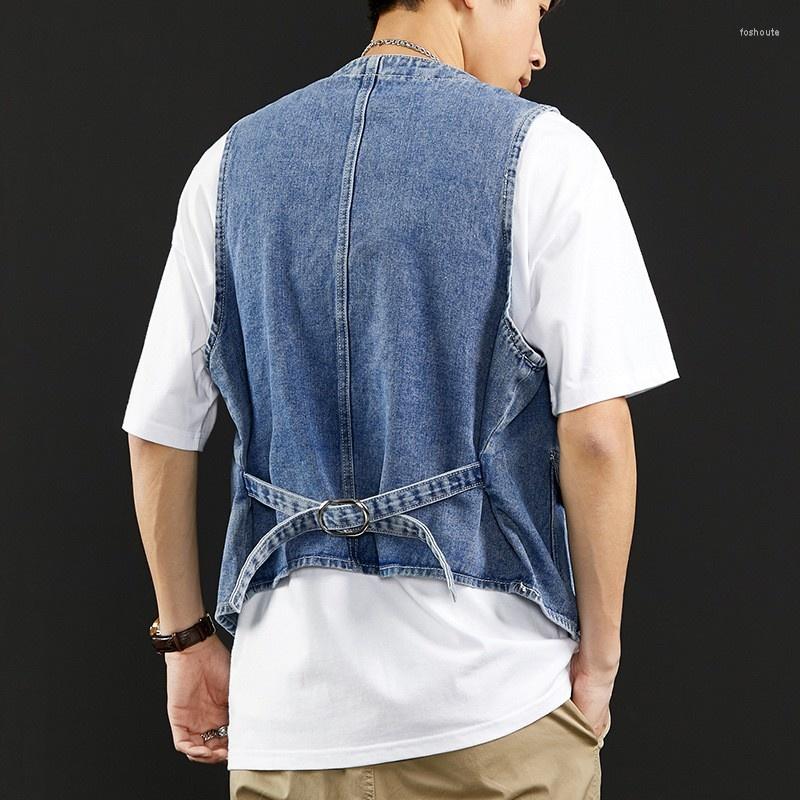 

Men's Vests Vintage Men Single Breasted Pockets Denim Cargo Vest V Neck Slim Fit Casual Sleeveless Jean Jacket Harajuku Streetwear Waistcoat, Blue