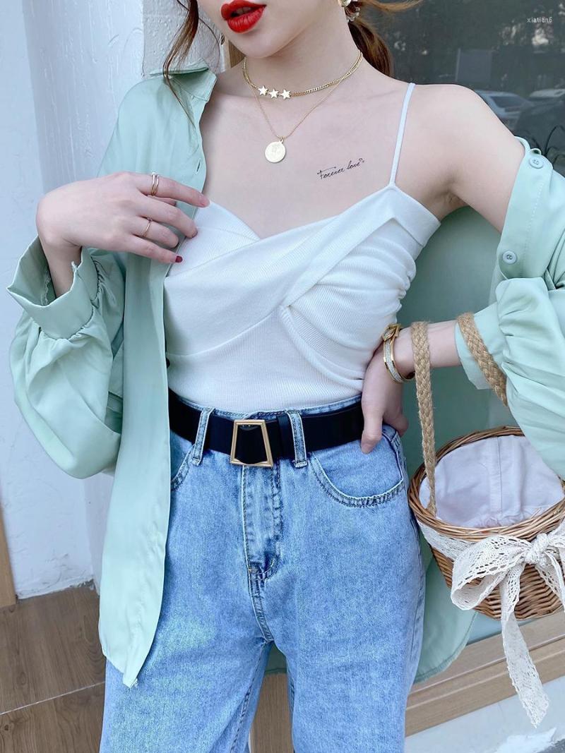 

Women's Tanks Spaghetti Straps Crop Tops Knitting Camisole Women Cross Sexy Solid Summer Camis Sleeveless Casual Knitwear Designer, Pink