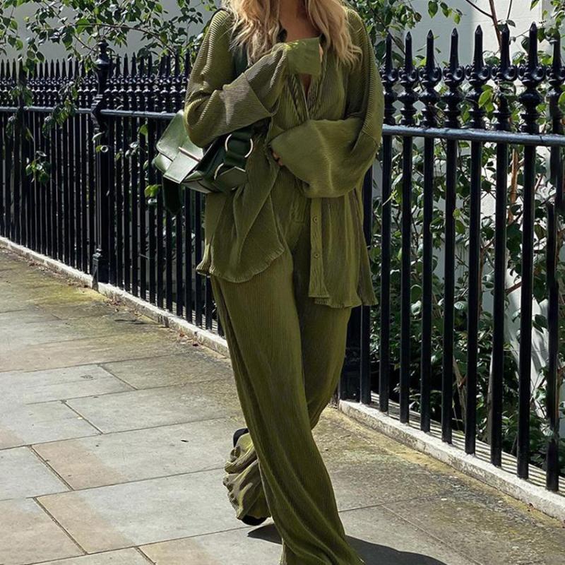 

Women' Two Piece Pants Clacive Elegant Green Set Women Autumn Long Sleeve Blouses Matching Wide Trousers Suit Loose Shirts Pant, Brown sets