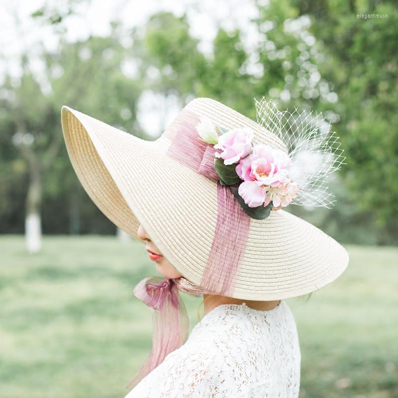 

Headpieces Women Large Brim Sinamay Fascinator Hat Flower Wedding Party Church Headpiece Fashion Headwear Formal Floral Hair Accessories