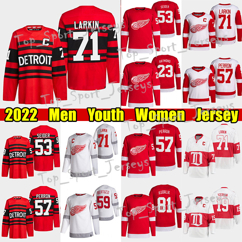 

#71 Dylan Larkin Reverse Retro hockey jersey #53 Moritz Seider Red Wings#57 David Perron Lucas Raymond Dominik Kubalik Tyler Bertuzzi Gordie Howe Steve Yzerman jerseys, White reverse retro men