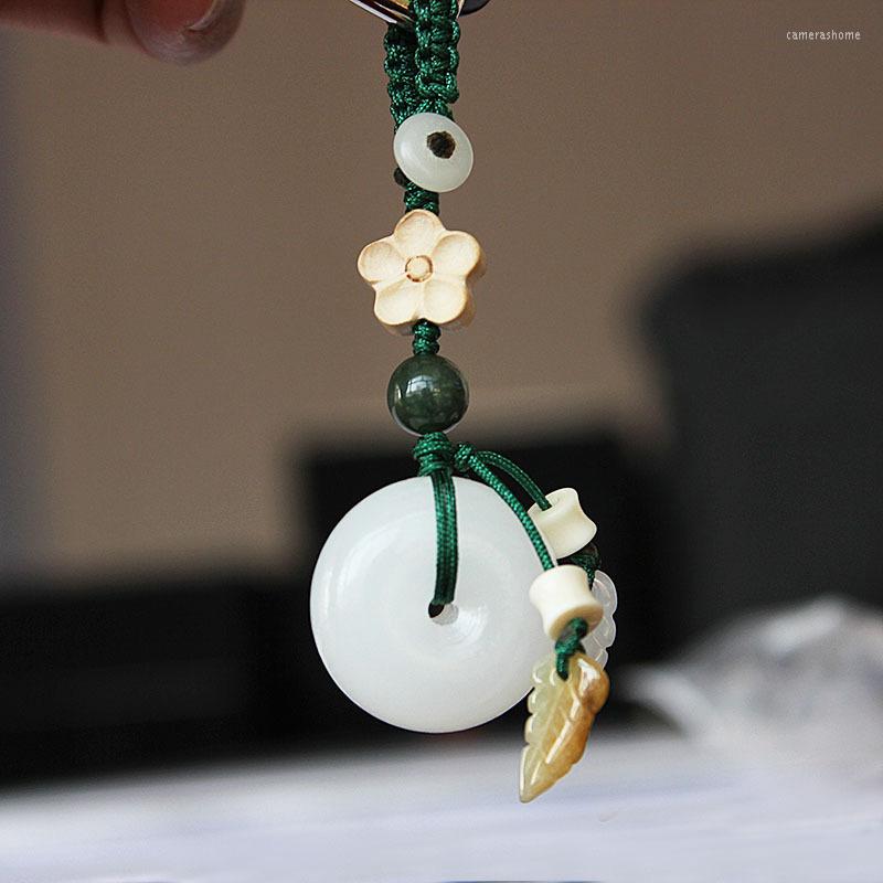 

Keychains Flat Round Circle Donut Peace Natural Stone Keychain Leaf Tassel Dangle Chalcedony Car Key Handbag Purse Holder Jewelry
