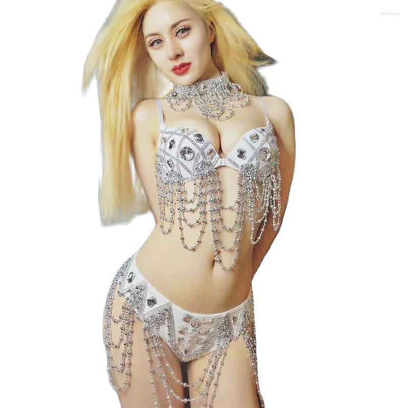 

Stage Wear Sparkling Rhinestones Fringes Bikini Bra Shorts Necklace Three Pieces Sets Nightclub DJ Pole Dance Outfit Rave Costumes, Gold