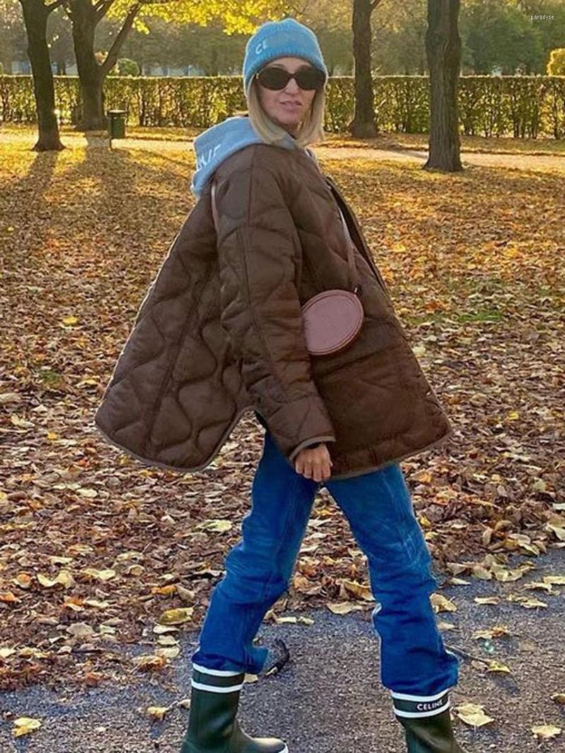 

Women' Down Loose Vintage Padded Jacket Women Casual Quilted Lattice Round Neck Long Sleeve Pocket Single Breasted 2022 Trendy Cotton Coat, Brown