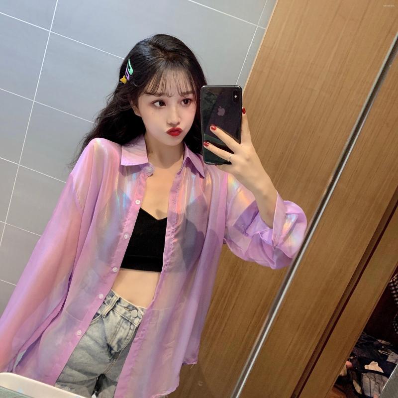 

Women's Blouses YYCZF Women Summer Holographic Blouse Reflective Colorful Sun-protective Clothing Oversized Shirts Plus Size Blusas, Lavender