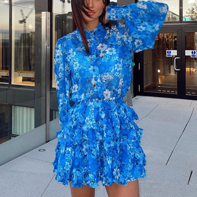 

Work Dresses LFRVZ 2022 Autumn Retro Print Office Lady Casual Sweet Shirt Dress Set Full Sleeve Short Skirt Slim Women 2 Piece, Blue