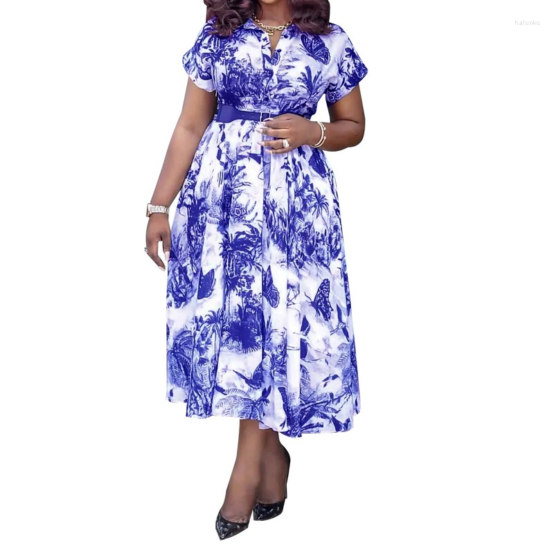 

Ethnic Clothing 2022 Summer Fashion African Women Short Sleeve V-neck Printing Polyester Knee-length Dress Dresses For With Belt