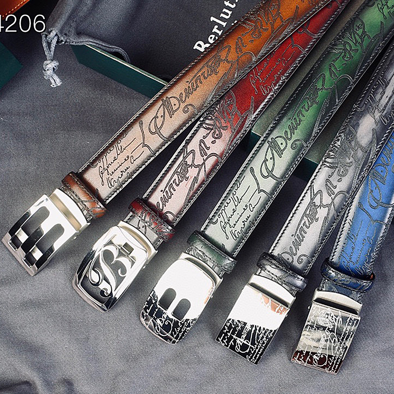 

berluti Pure handmade men's belt leather hand color change 3.5cm classic pattern engraved luxury Essence belts Automatic buckle can be adjusted at will leash, Purple